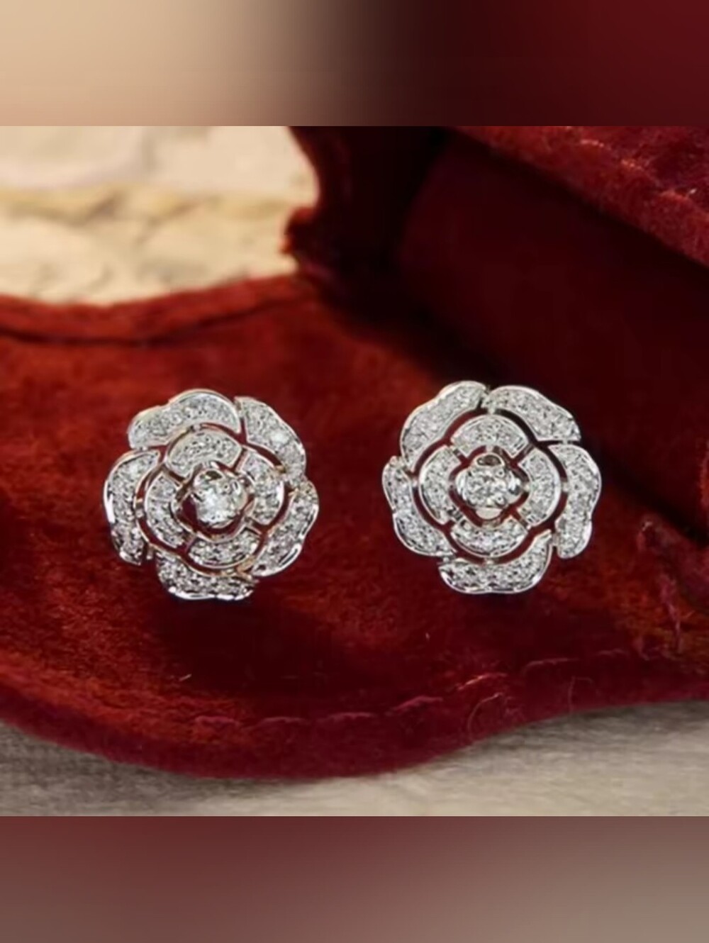 White Rhodium Quartz Flower Cluster Stud Earrings